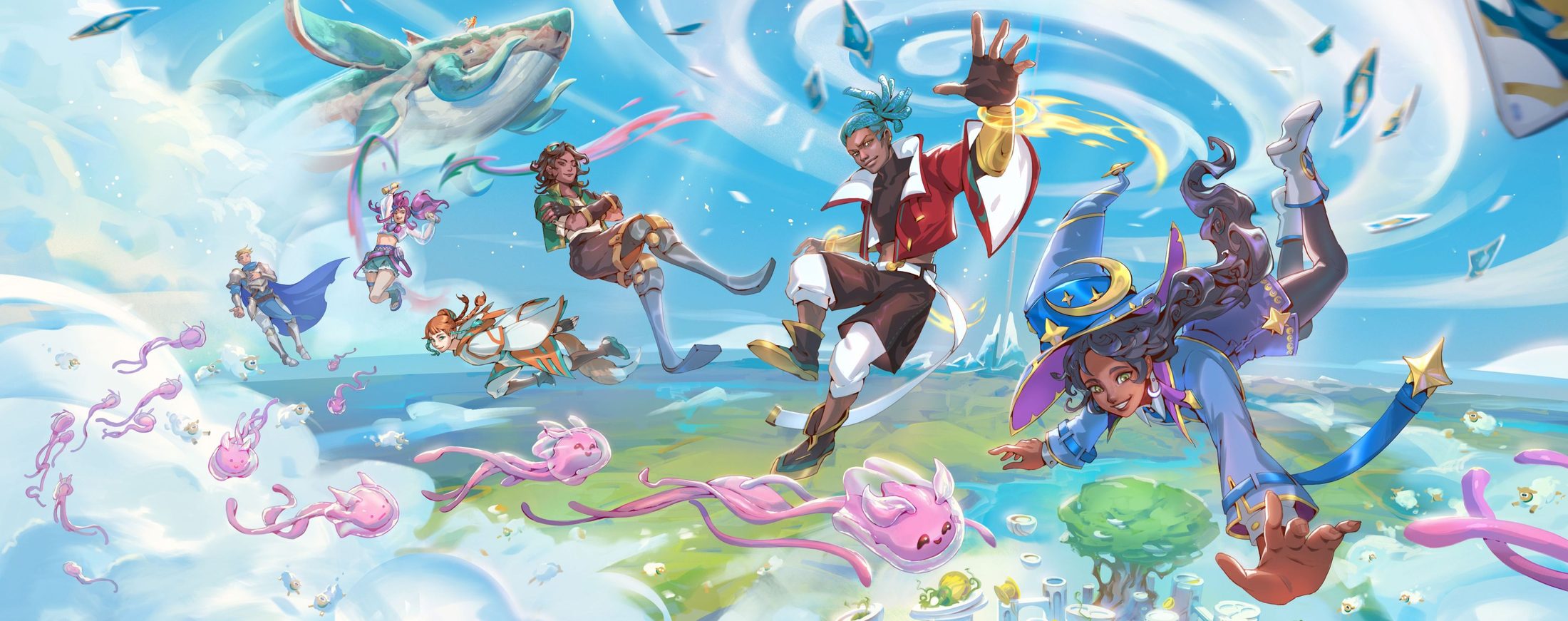 Altered heroes leaping through the sky above the world of Altered, surrounded by floating cards and creatures